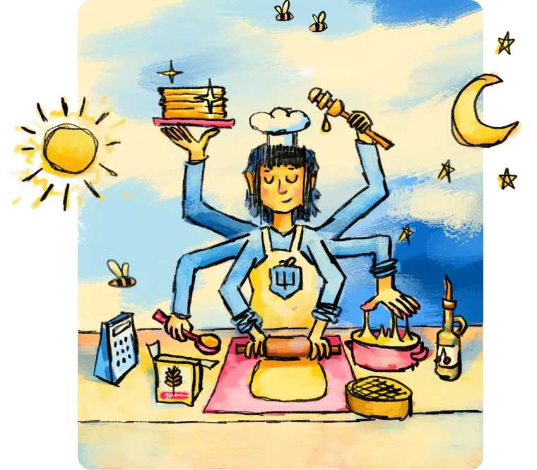 Multi-armed baker illustration showing 24-hour marathon baking for Ukraine